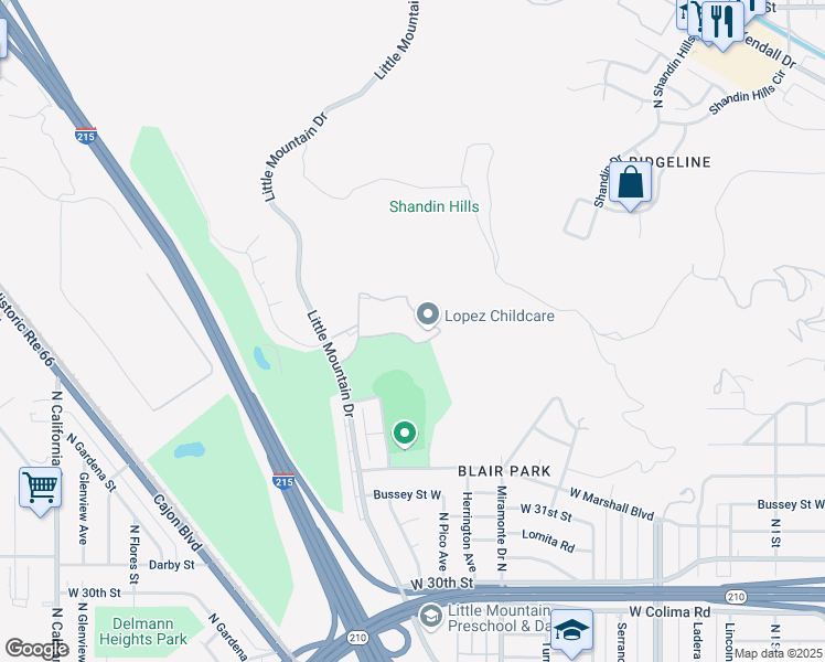 map of restaurants, bars, coffee shops, grocery stores, and more near 1460 West Edgehill Road in San Bernardino
