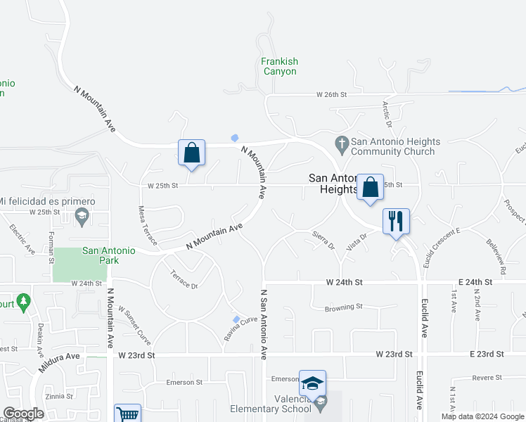 map of restaurants, bars, coffee shops, grocery stores, and more near 2478 North Mountain Avenue in Upland
