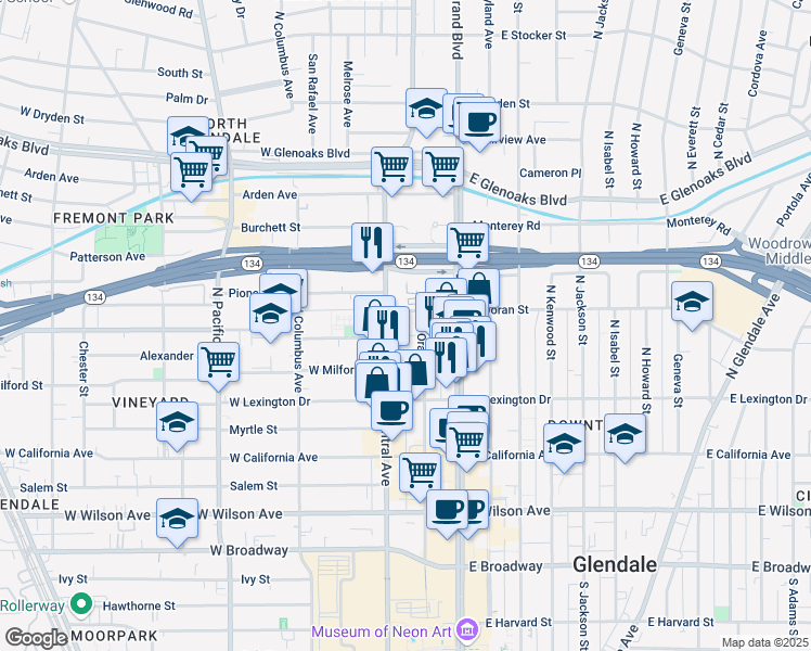 map of restaurants, bars, coffee shops, grocery stores, and more near 521 North Orange Street in Glendale