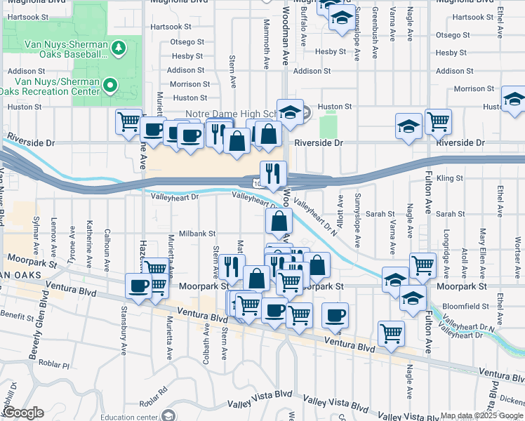 map of restaurants, bars, coffee shops, grocery stores, and more near 4516 Mammoth Avenue in Los Angeles