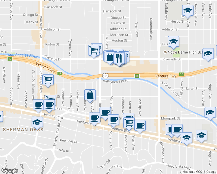 map of restaurants, bars, coffee shops, grocery stores, and more near 4525 Murietta Avenue in Los Angeles