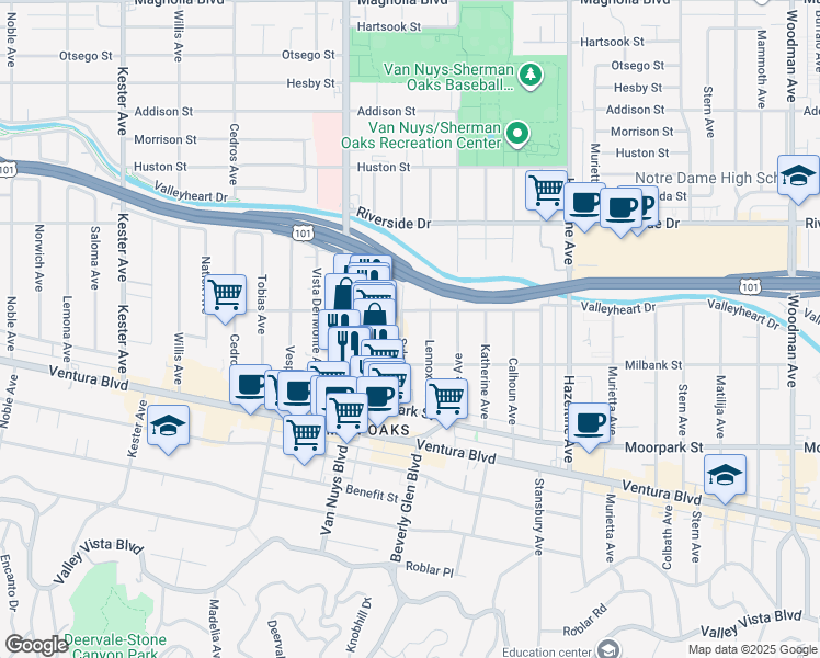 map of restaurants, bars, coffee shops, grocery stores, and more near 4519 Lennox Avenue in Los Angeles