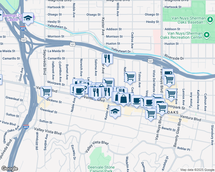 map of restaurants, bars, coffee shops, grocery stores, and more near 14845 Ventura Boulevard in Los Angeles
