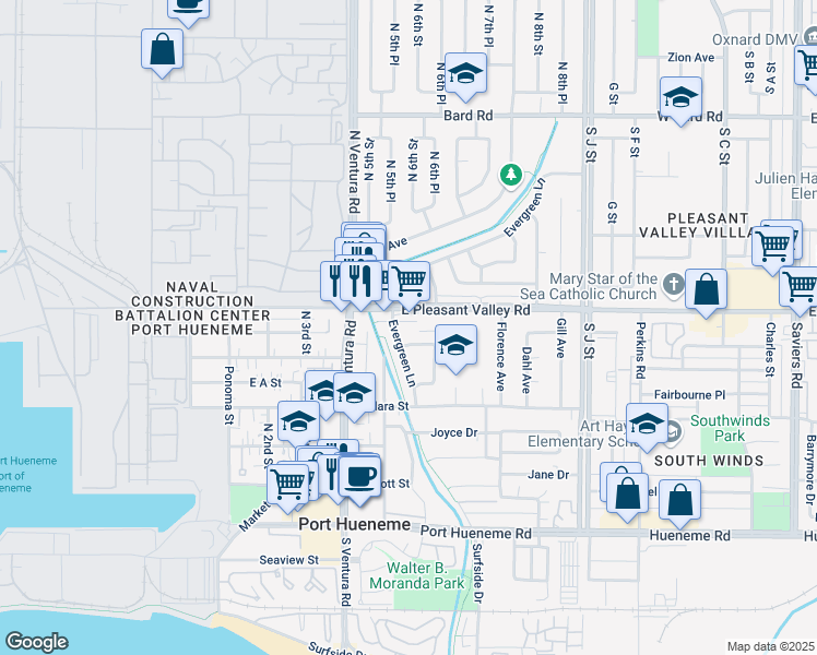 map of restaurants, bars, coffee shops, grocery stores, and more near 653 Evergreen Square in Port Hueneme