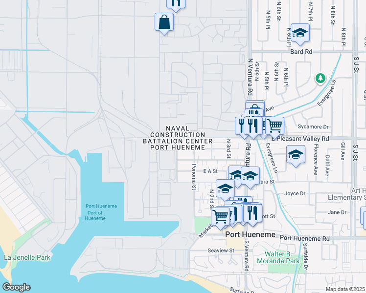 map of restaurants, bars, coffee shops, grocery stores, and more near 115 West B Street in Port Hueneme