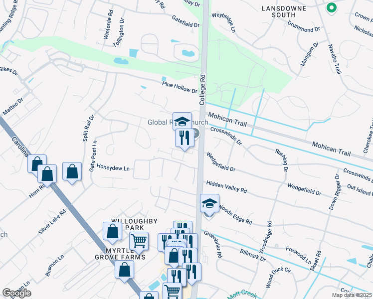 map of restaurants, bars, coffee shops, grocery stores, and more near 4553 Exuma Lane in Wilmington