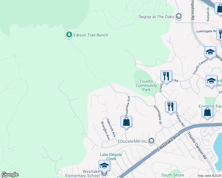 map of restaurants, bars, coffee shops, grocery stores, and more near 989 Brookview Avenue in Westlake Village