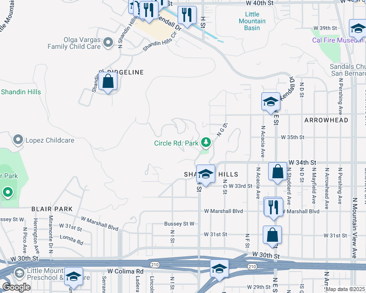 map of restaurants, bars, coffee shops, grocery stores, and more near El Camino Road in San Bernardino