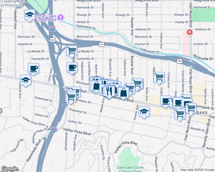 map of restaurants, bars, coffee shops, grocery stores, and more near 15051 Moorpark Street in Los Angeles
