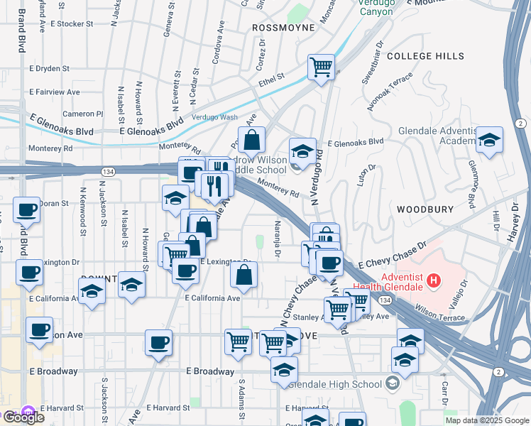 map of restaurants, bars, coffee shops, grocery stores, and more near 1127 East Doran Street in Glendale