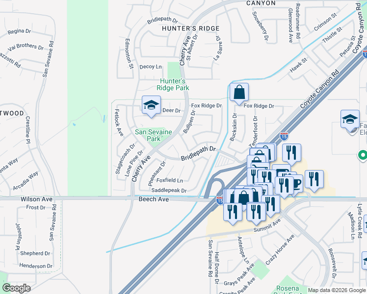 map of restaurants, bars, coffee shops, grocery stores, and more near 14821 New Foal Trail in Fontana