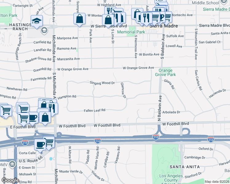 map of restaurants, bars, coffee shops, grocery stores, and more near 920 Hampton Road in Arcadia