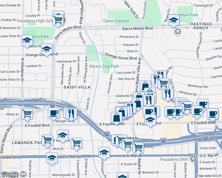 map of restaurants, bars, coffee shops, grocery stores, and more near 3111 Alameda Street in Pasadena
