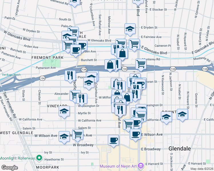 map of restaurants, bars, coffee shops, grocery stores, and more near 344 West Doran Street in Glendale