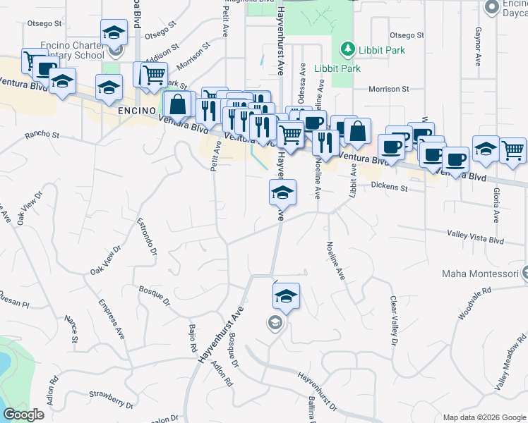map of restaurants, bars, coffee shops, grocery stores, and more near 4595 De Celis Place in Los Angeles