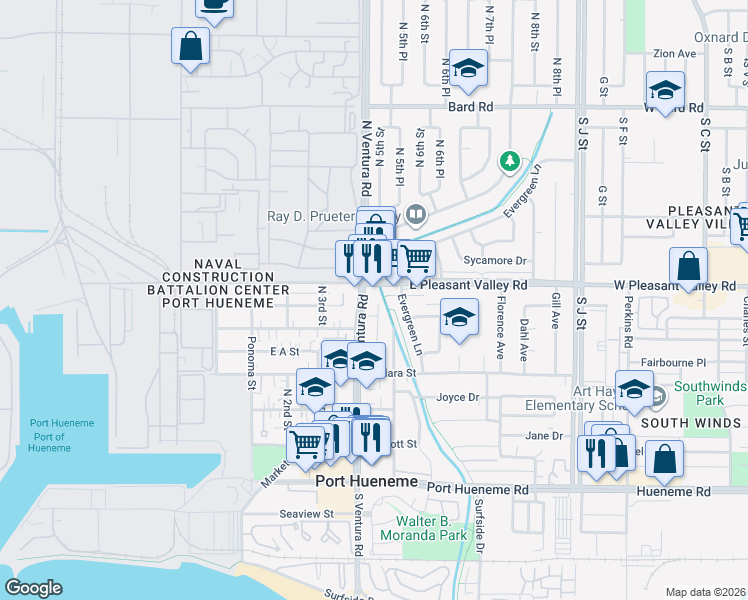 map of restaurants, bars, coffee shops, grocery stores, and more near 720 North Ventura Road in Port Hueneme