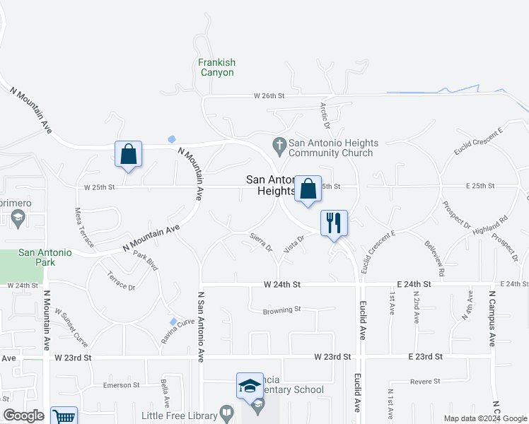 map of restaurants, bars, coffee shops, grocery stores, and more near 2479 San Antonio Crescent East in Upland