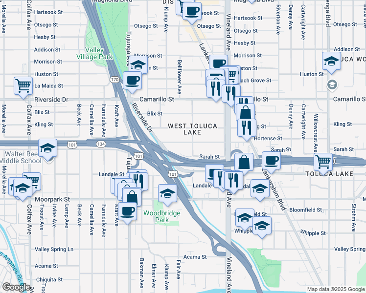 map of restaurants, bars, coffee shops, grocery stores, and more near 11147 Sarah Street in Los Angeles