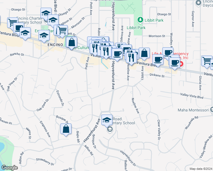 map of restaurants, bars, coffee shops, grocery stores, and more near 4595 De Celis Place in Los Angeles