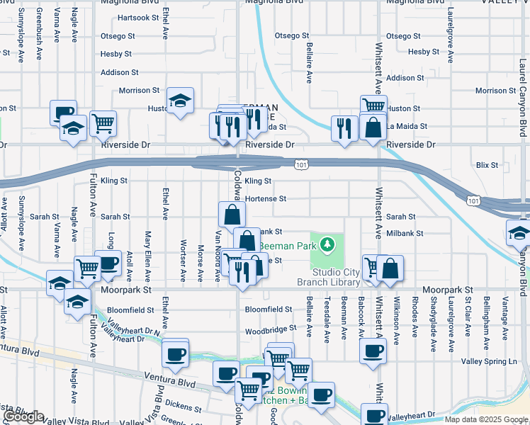 map of restaurants, bars, coffee shops, grocery stores, and more near 12815 Sarah Street in Los Angeles