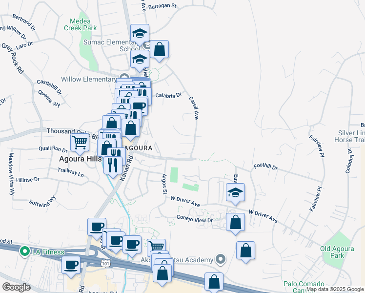 map of restaurants, bars, coffee shops, grocery stores, and more near 5733 Carell Avenue in Agoura Hills
