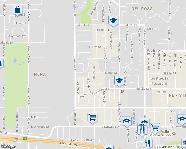 map of restaurants, bars, coffee shops, grocery stores, and more near 1235 East 35th Street in San Bernardino
