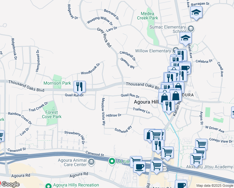 map of restaurants, bars, coffee shops, grocery stores, and more near 29431 Quail Run Drive in Agoura Hills