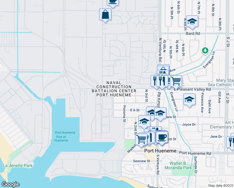 map of restaurants, bars, coffee shops, grocery stores, and more near 115 West B Street in Port Hueneme