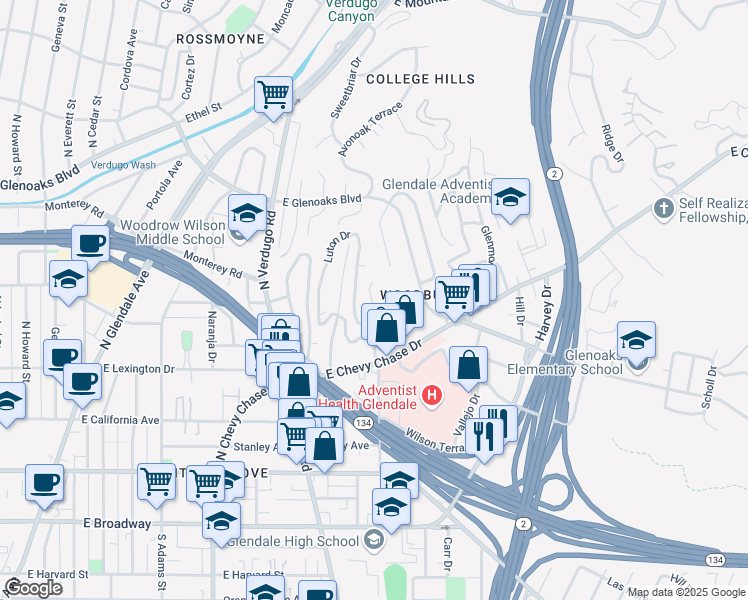 map of restaurants, bars, coffee shops, grocery stores, and more near 602 Sinclair Avenue in Glendale