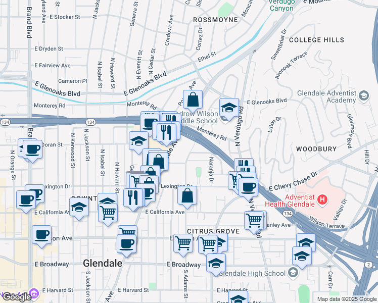 map of restaurants, bars, coffee shops, grocery stores, and more near 537 North Adams Street in Glendale