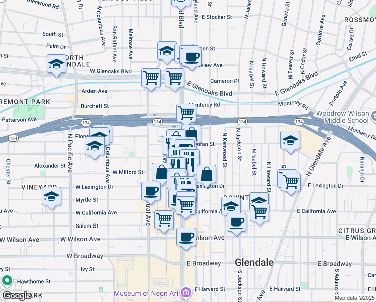 map of restaurants, bars, coffee shops, grocery stores, and more near 500 East Milford Street in Glendale