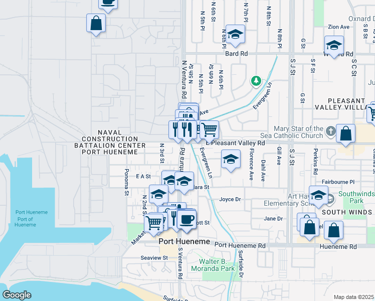 map of restaurants, bars, coffee shops, grocery stores, and more near 625 North 5th Street in Port Hueneme