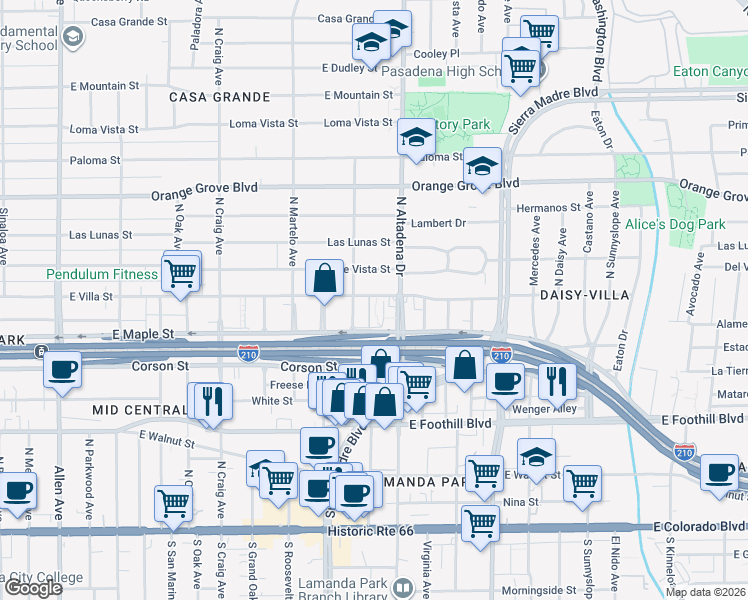 map of restaurants, bars, coffee shops, grocery stores, and more near 2460 East Villa Street in Pasadena