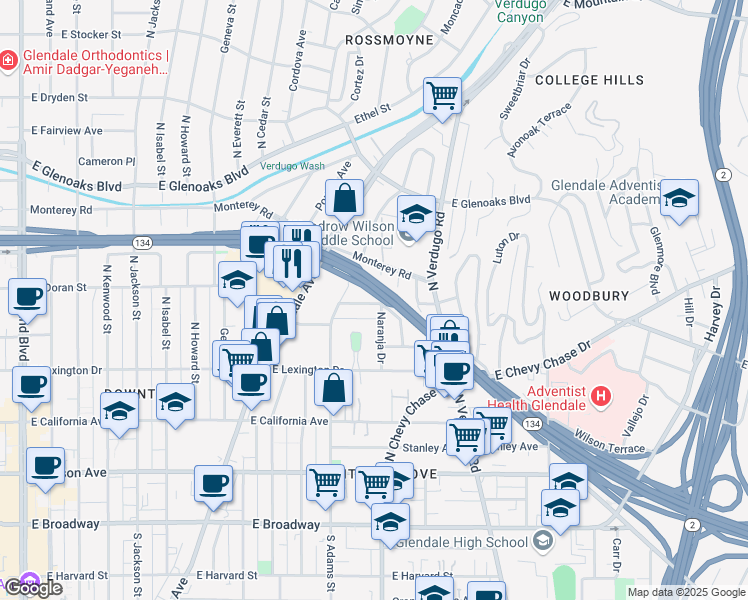 map of restaurants, bars, coffee shops, grocery stores, and more near 1129 East Doran Street in Glendale