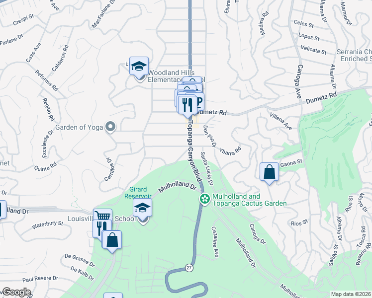 map of restaurants, bars, coffee shops, grocery stores, and more near 22002 Ybarra Road in Los Angeles