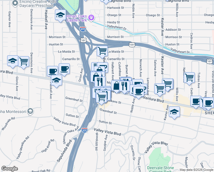 map of restaurants, bars, coffee shops, grocery stores, and more near 15260 Ventura Boulevard in Los Angeles