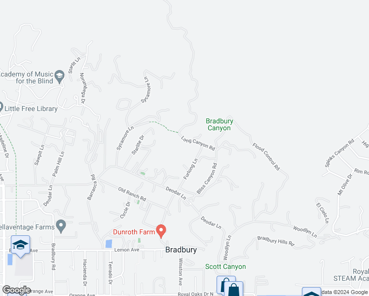 map of restaurants, bars, coffee shops, grocery stores, and more near 424 Long Canyon Road in Bradbury