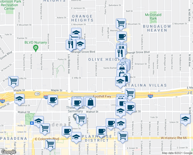 map of restaurants, bars, coffee shops, grocery stores, and more near East Villa Street & North El Molino Avenue in Pasadena