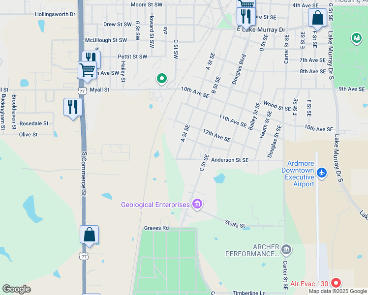 map of restaurants, bars, coffee shops, grocery stores, and more near 141 Anderson Street Southeast in Ardmore