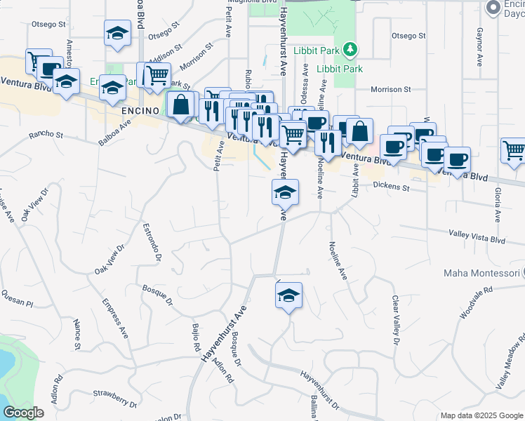 map of restaurants, bars, coffee shops, grocery stores, and more near 4591 De Celis Place in Los Angeles