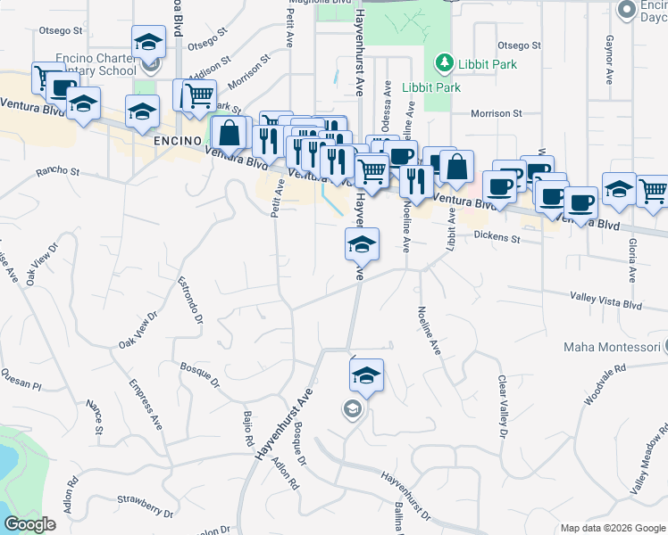 map of restaurants, bars, coffee shops, grocery stores, and more near 4591 De Celis Place in Los Angeles