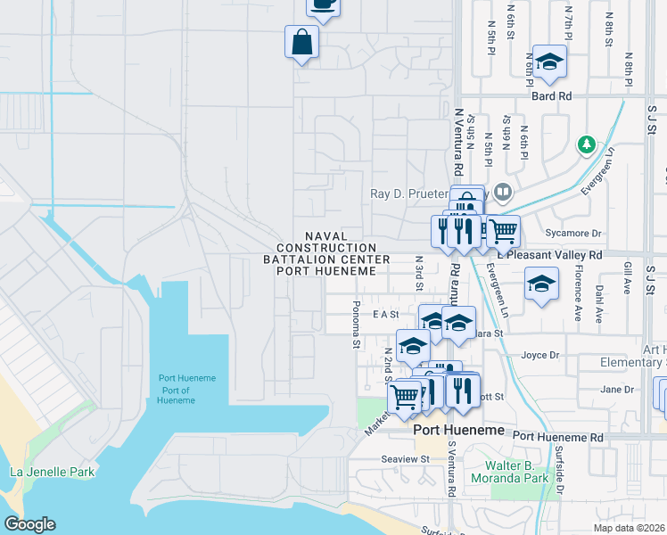 map of restaurants, bars, coffee shops, grocery stores, and more near in Port Hueneme