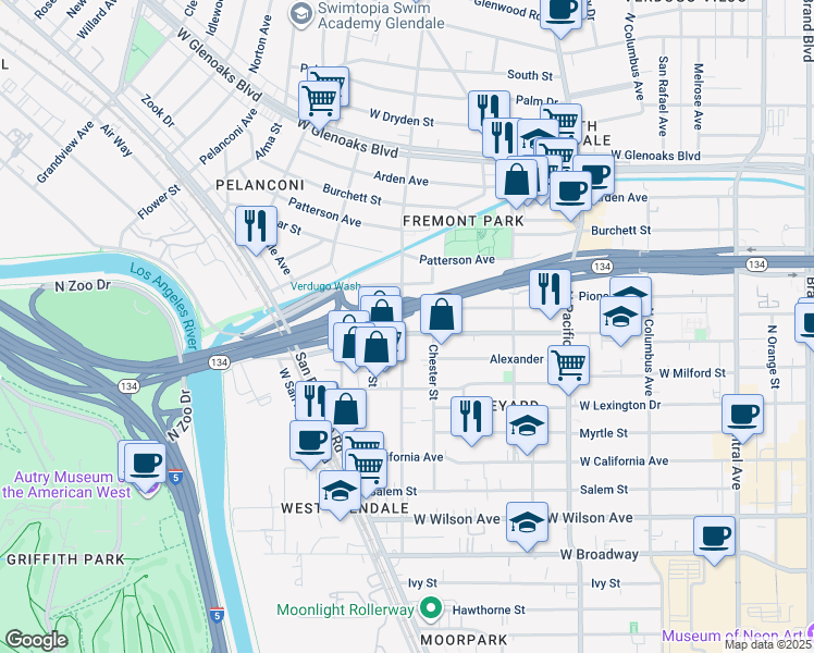 map of restaurants, bars, coffee shops, grocery stores, and more near 723 West Doran Street in Glendale