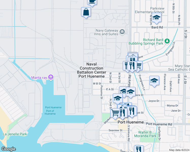 map of restaurants, bars, coffee shops, grocery stores, and more near in Port Hueneme