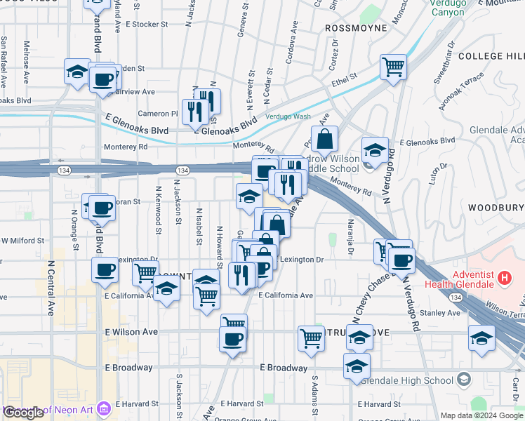 map of restaurants, bars, coffee shops, grocery stores, and more near 771 East Doran Street in Glendale