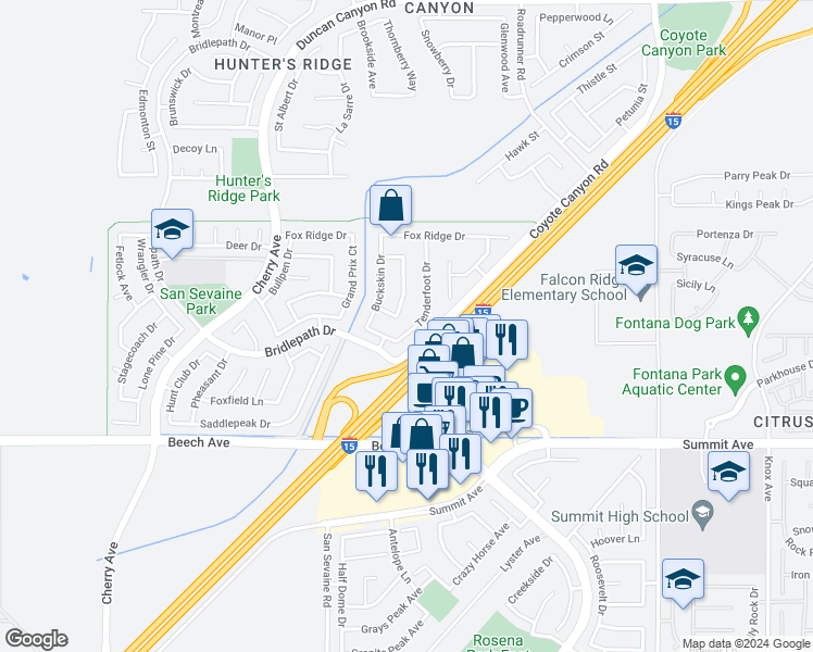 map of restaurants, bars, coffee shops, grocery stores, and more near 5498 Tenderfoot Drive in Fontana