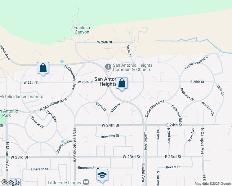 map of restaurants, bars, coffee shops, grocery stores, and more near 352 East 25th Street in Upland