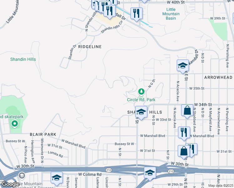 map of restaurants, bars, coffee shops, grocery stores, and more near El Camino Road in San Bernardino