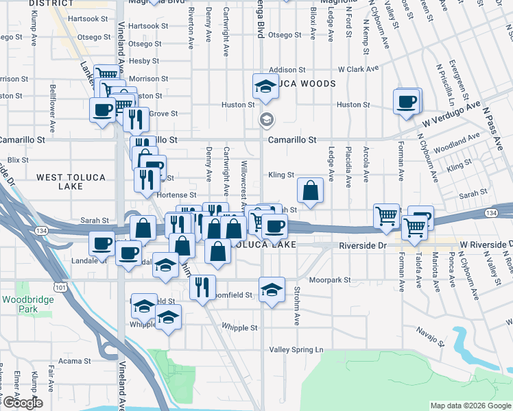 map of restaurants, bars, coffee shops, grocery stores, and more near 10611 Hortense Street in Los Angeles