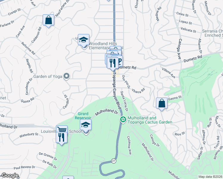 map of restaurants, bars, coffee shops, grocery stores, and more near 22002 Ybarra Road in Los Angeles